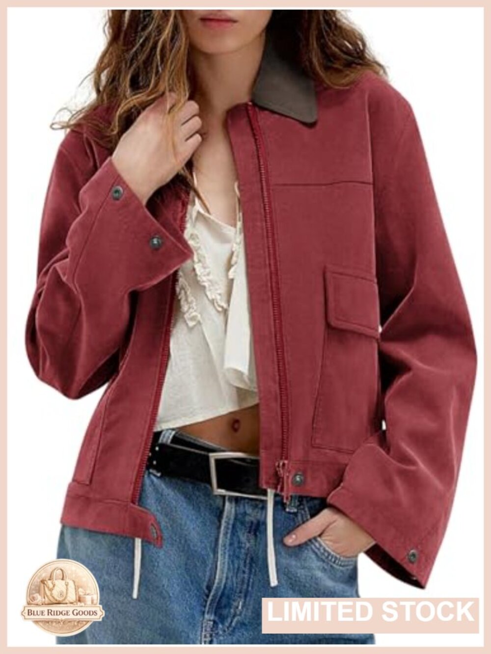 Faux Suede Cropped Jacket Zip Up Contrast Collar Fleece Lined Casual Coat